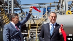 Firtash (right) and then Ukrainian President Viktor Yanukovych take part in a ceremony to open a new complex for the production of sulfuric acid in Crimea in April 2012.