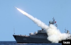 A Russian naval ship fires a missile in the Caspian Sea. (file photo)