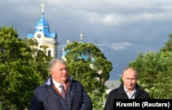 Putin and Sechin visit Konevets Island in the Leningrad region in August 2021.