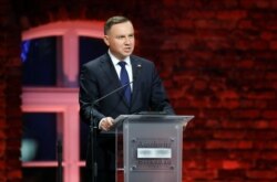 Polish President Andrzej Duda speaks during the ceremonies marking the 75th anniversary of the liberation of Auschwitz-Birkenau in Oswiecim, Poland.