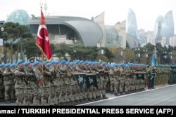 Turkish military forces lined up alongside Azerbaijani troops on Azadliq (Freedom) Square in the center of Baku.