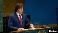 Georgian Prime Minister Irakli Kobakhidze speaks at anevent in the UN General Assembly hall in New York on September 23. 