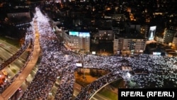 Students and others block key roads in the Serbian capital, Belgrade, on January 27.