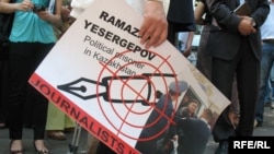 A protest action for press freedom in Kazakhstan in June 2009, highlighting the case of Ramazan Esergepov, a journalist serving three years in prison for revealing state secrets. Rights groups say the case was politically motivated.