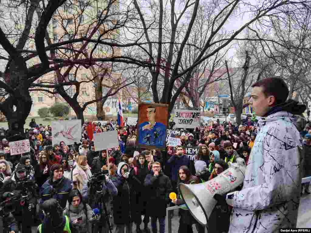 Students protest in the University of Novi Sad as part of weekslong demonstrations following the deadly collapse of a railway station roof in the Serbian city.&nbsp;