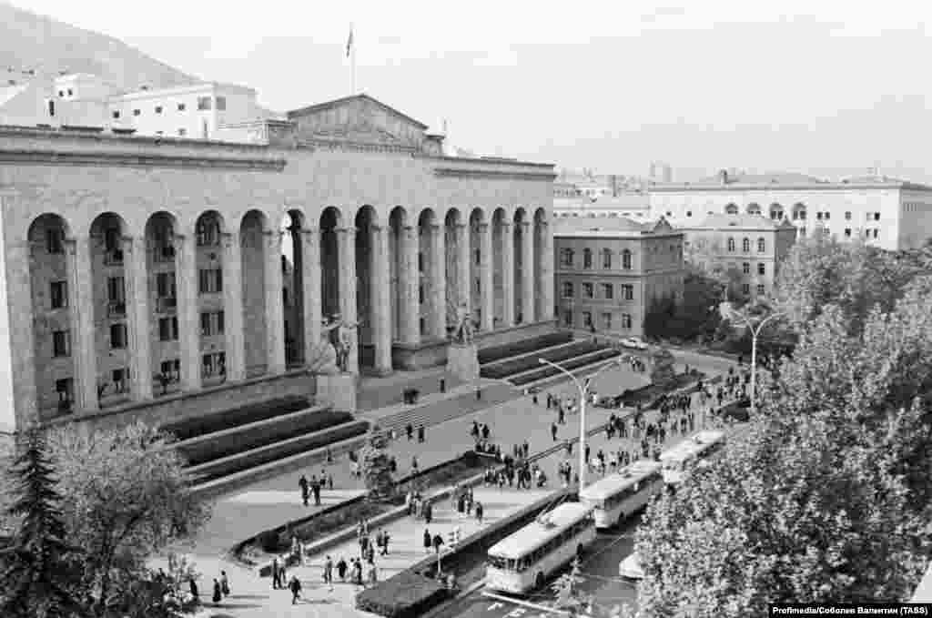 Rustaveli Avenue&rsquo;s place as the focal point for protest was assured when an Orthodox Cathedral on the street was demolished by the Bolsheviks in 1930, and Georgia&rsquo;s parliament building (pictured here in 1966) was built in its place. Georgian historian Gabriel Chubinidze told RFE/RL &ldquo;for the past 200 years, Rustaveli Avenue has been the political heart of Georgia.&rdquo; &nbsp;