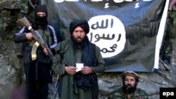 Former Islamic State-Khorasan leader Hafez Saeed (center) speaks in a video at an undisclosed location on the Pakistani-Afghan border.