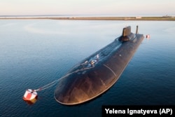 The Russian nuclear submarine Dmitry Donskoy is seen moored near Kronstadt, a seaport town 30 kilometers west of St. Petersburg, in July 2017.