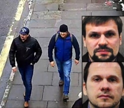 Two men believed to be GRU agents, Aleksandr Petrov (aka Anatoly Chepiga, top inset) and Ruslan Boshirov (aka Aleksandr Mishkin, bottom inset), were caught on CCTV in Salisbury on the same day the Skripals were poisoned.