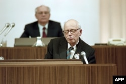 Just two days before his sudden death, Sakharov addresses the Soviet legislature on December 12, 1989. Soviet leader Mikhail Gorbachev can be seen in the background.