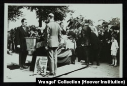 Wrangel's funeral in Belgium. The poster reads, "From the Union of Gallipoli troops in Belgium to their beloved leader."