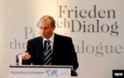 Russian President Vladimir Putin delivers a speech at the 43rd Munich Conference on Security Policy in February 2007.