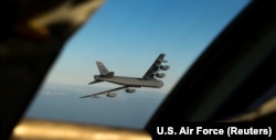 A U.S. B-52 Stratofortress long-range bomber returns to RAF Fairford in England after flying a sortie over Norway in March 2019.