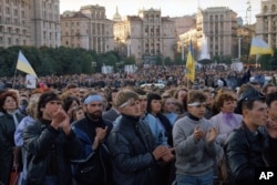 Protesters rally in Kyiv with then-banned Ukrainian flags flying.