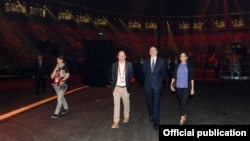 President Ilham Aliyev (second from right) and his wife, Mehriban (right), attend the opening of the Crystal Hall.