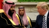 U.S. President Donald Trump shakes hands with Saudi Arabia's Crown Prince Muhammad bin Salman in the Oval Office, March 2018