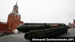 A Russian Topol M ICBM launcher rolls along Red Square during the Victory Day military parade to celebrate 72 years since the end of World War II and the defeat of Nazi Germany, in Moscow on May 9, 2017.