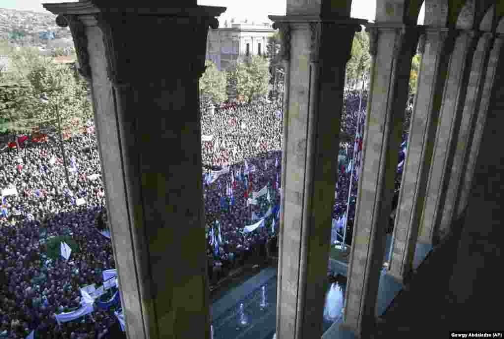 Georgians gather on Rustaveli Avenue in front of the parliament in November 2007, calling for the resignation of President Mikheil Saakashvili.&nbsp; Many protests have taken place along Rustaveli in the 21st century including the &ldquo;Rose Revolution&quot; that swept Mikheil Saakashvili to power in 2003, and the anti-Saakashvili protests in 2007 (pictured) that were violently put down by the controversial pro-Western leader. &nbsp;