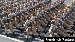 Members of the Iranian armed forces march at a National Army Day parade in Tehran on September 22, 2019.