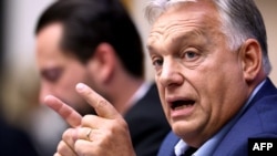 Hungarian Prime Minister Viktor Orban gives a press conference in Strasbourg on October 8.