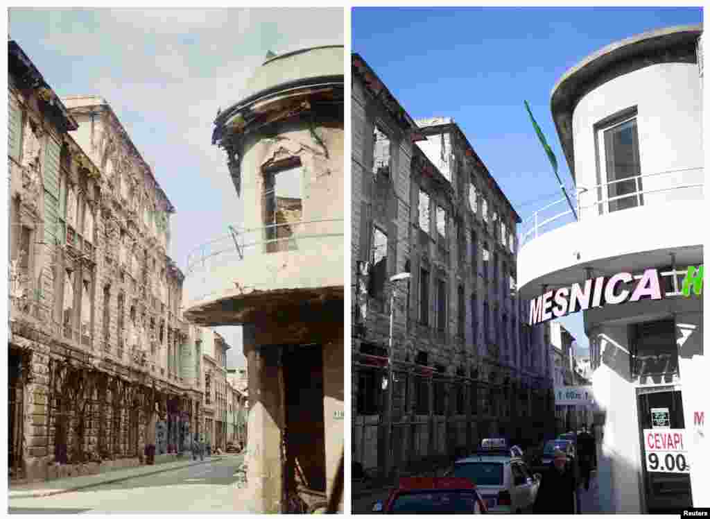 People walk past damaged buildings on the main Marsala Tita (Marshall Tito) Street in Mostar in June 1993 (left), and people walking on the same street on February 23, 2013.