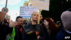 Yulia Navalnaya attends a rally next to the Russian Embassy in Berlin, where voters lined up to cast their ballots in the Russia's presidential election on March 17.