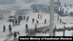 Demonstrators clash with police in Aqtobe on January 5.