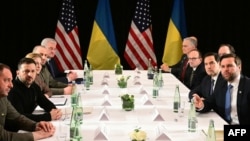 U.S. Vice President JD Vance (right), U.S. Secretary of State Marco Rubio (second right) and Ukrainian President Volodymyr Zelenskyy (second left) meet on February 14.