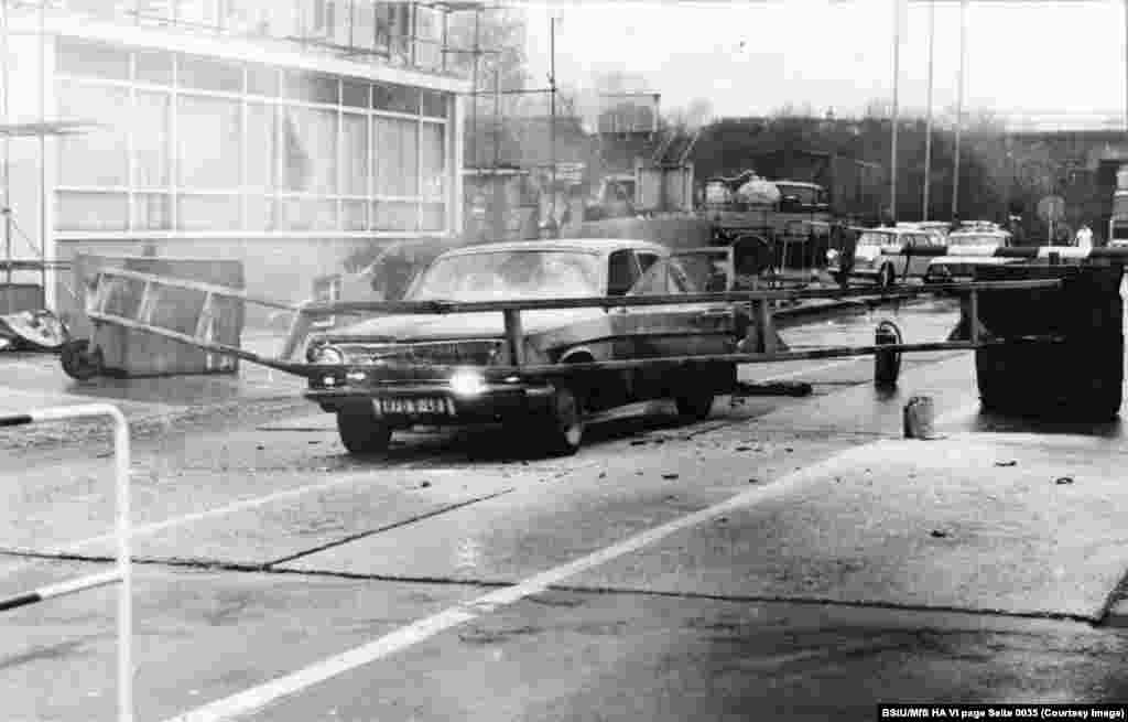 An image from the Stasi archives apparently showing a failed attempt to ram through a border crossing from East Germany in 1982.&nbsp; Thousands of people were able to escape from East Berlin to freedom, but at least 140 were killed in their attempts during the decades the wall stood from 1961 until 1989.&nbsp; &nbsp;