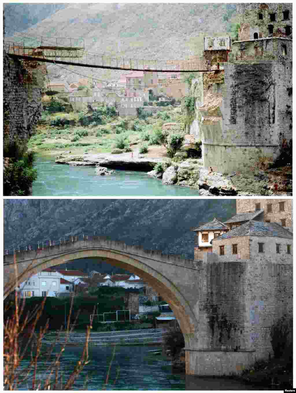 Men cross a river using a makeshift bridge in Mostar after the destruction of Mostar&#39;s centuries-old bridge in November 1993, which was later rebuilt. The same location is seen in the bottom picture on February 23, 2013.