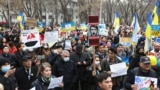 Demonstrators take part in an anti-war protest in support of Ukraine in Almaty on March 6.