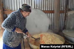 Raushangul Gaitova makes plov, a traditional rice dish eaten throughout Central Asia.