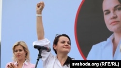 Svyatlana Tsikhanouskaya appears at a campaign rally in Minsk on July 19. 