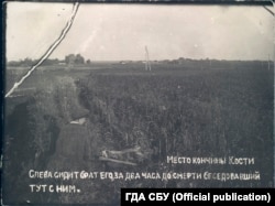 One of Mykola Bokan's sons sits at the spot where his brother, Konstantin, had passed away hours earlier. According to Bokan's memoirs, his son had collapsed and died in the presence of passersby on a nearby road. (Archive of the Security Service of Ukraine, fonds 6, case № 75489-fp, volume 2)