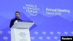 Ukrainian President Volodymyr Zelenskiy speaks at the World Economic Forum on January 21.