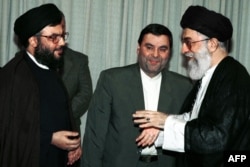 Iranian Supreme Leader Ayatollah Ali Khamenei (right) welcomes Hassan Nasrallah (left) at his office in Tehran in 2000.