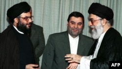 Iran's supreme leader, Ayatollah Ali Khamenei (right), welcomes Hezbollah Secretary-General Hassan Nasrallah at his office in Tehran in July 2000.