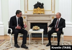 Russian President Vladimir Putin attends a meeting with Vucic in Moscow on June 23.