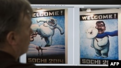 PHOTO GALLERY: As Russia prepares for the 2014 Winter Olympics in Sochi, Russian artist Vasily Slonov has put a satirical spin on the country's PR campaign. In a series of posters, Slonov combines winter sports scenes with images portraying a frightening, repressive Russia. Displayed during the White Nights cultural festival in the city of Perm, the posters provoked a swift backlash: authorities closed the exhibit and sacked the curator of the Perm Museum of Contemporary Art, well-known gallerist Marat Gelman, for backing the exhibit. The reason for the crackdown was said to be Slonov's unauthorized use of the Sochi 2014 symbols.