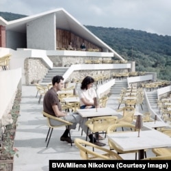 A couple at a seaside cafe on the Black Sea in 1968