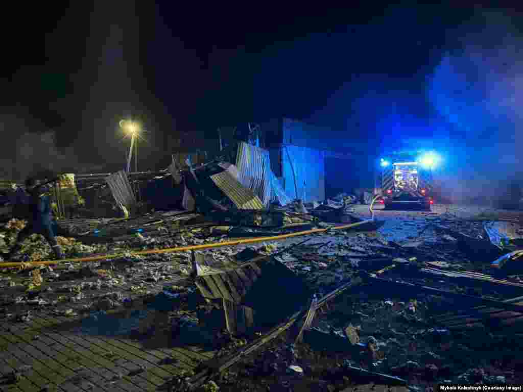 A exterior of the hangar seen in the early hours of January 28. No casualties were reported in the Russian strike.&nbsp;