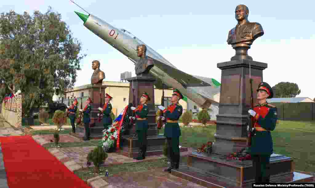 A memorial event for Russian pilot&nbsp;Roman Filipov&nbsp; at the Hmeimim air base near Latakia, Syria, in February 2023. Satellite images made on December 13 show Russia appears to be withdrawing equipment from the Hmeimim base after the recent toppling of its ally, President Bashar al-Assad. &nbsp; &nbsp;