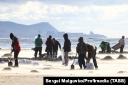 Volunteers gather oil-soaked sand near the village of Vityazevo, in Russia's Krasnodar region.