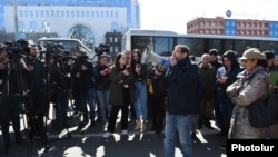 Opposition supporters protest in front of the Foreign Ministry in Yerevan on March 13.