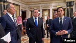 U.S. Secretary of State Marco Rubio (right), Russian Foreign Minister Sergei Lavrov (left), and Russian President Vladimir Putin's foreign policy adviser Yury Ushakov attend talks in Riyadh on February 18. 