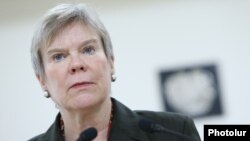 Rose Gottemoeller at a news briefing in Yerevan in 2017, when she was serving as deputy secretary-general of NATO. 