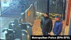 The suspects, Aleksandr Petrov (right) and Ruslan Boshirov, stand at Salisbury train station on March 3.