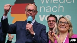 Friedrich Merz, leader of Germany's conservative Christian Democratic Union (CDU) and his party's main candidate for chancellor, addresses supporters on February 23.