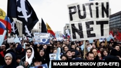 Demonstrators rally in Moscow in March for Internet freedom in protest against a new Internet law. 