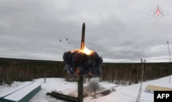 A handout image released by the Russian Defense Ministry shows the test firing of a ballistic missile in March.